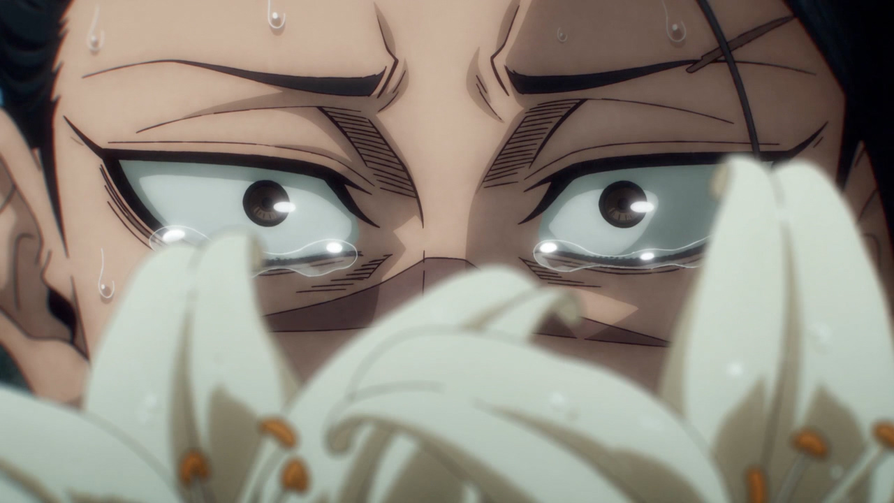 His eyes in tears, behind the lilies