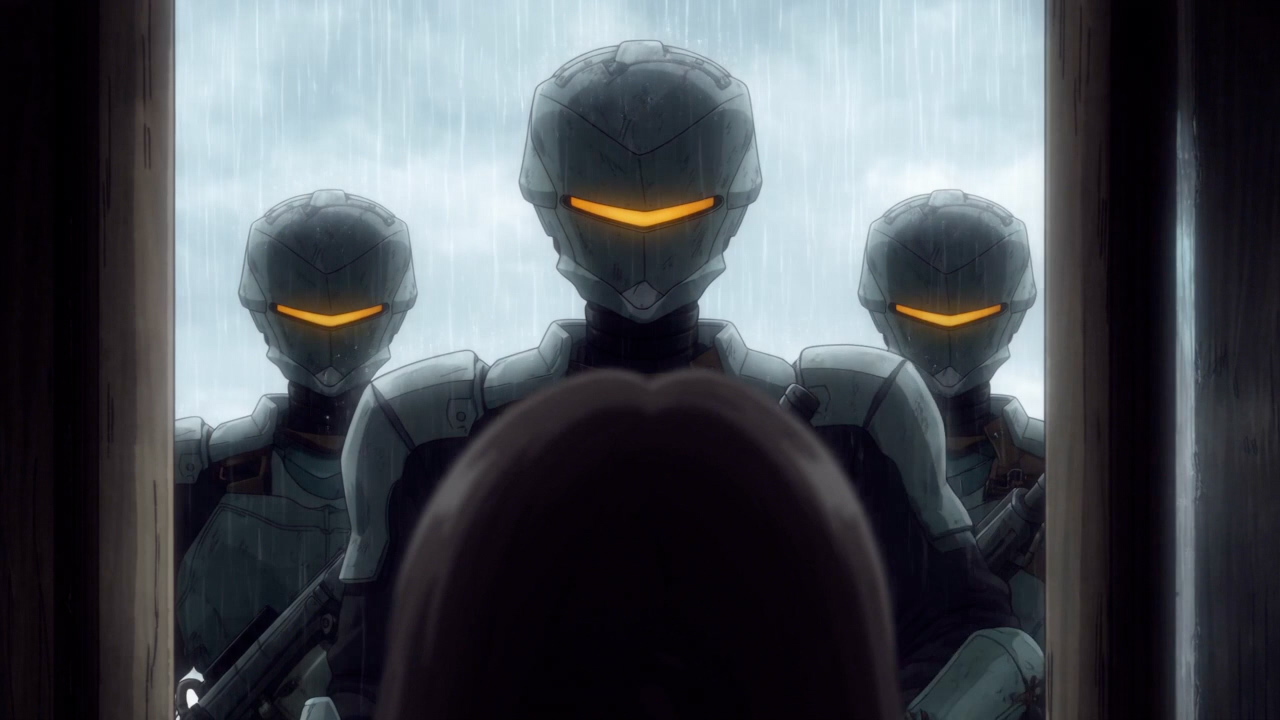 Soldiers with glowing visors at a door, in the rain, from Let the World Burn