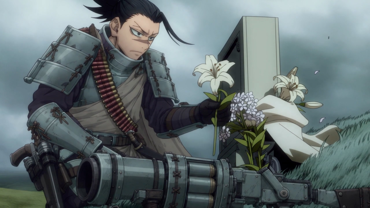 He lays the lilies on the grave