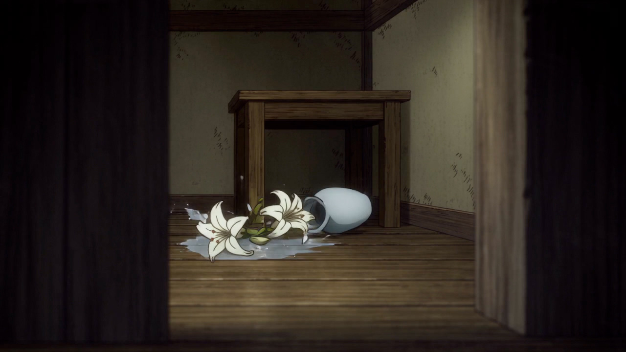 An empty room, a vase knocked over, lilies on the floor