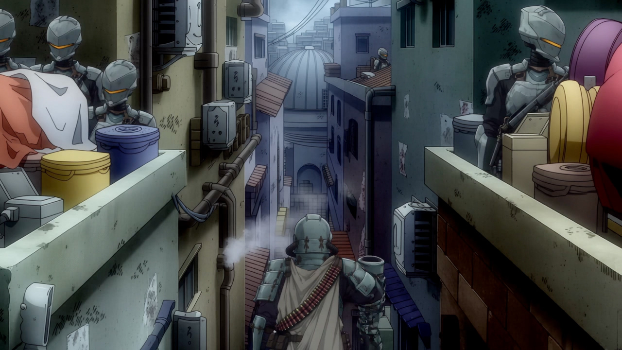 Soldiers in a narrow street of the city